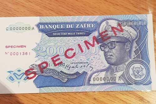 1992 ZAIRES - 200,000 "SPECIMEN" NOTE
